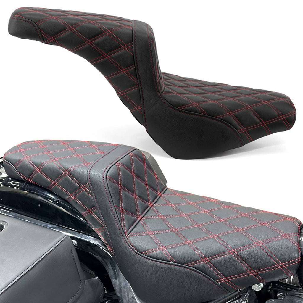 Motorcycle passenger seat, black with red cross-stitch quilting and diamond panels
