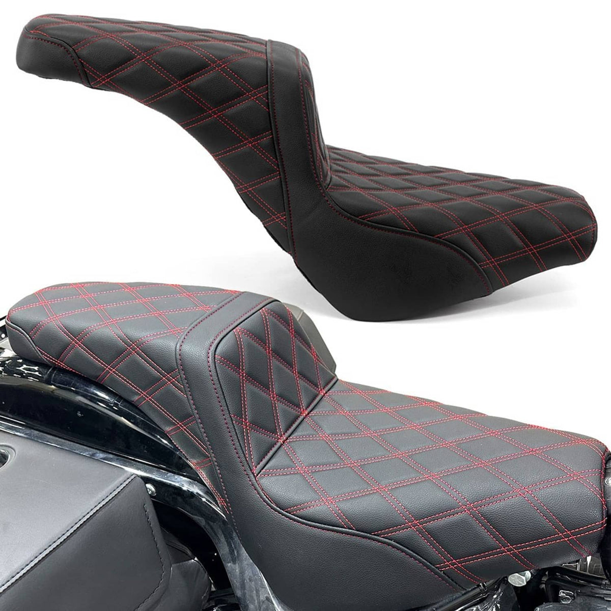 Motorcycle passenger seat, black with red cross-stitch quilting and diamond panels
