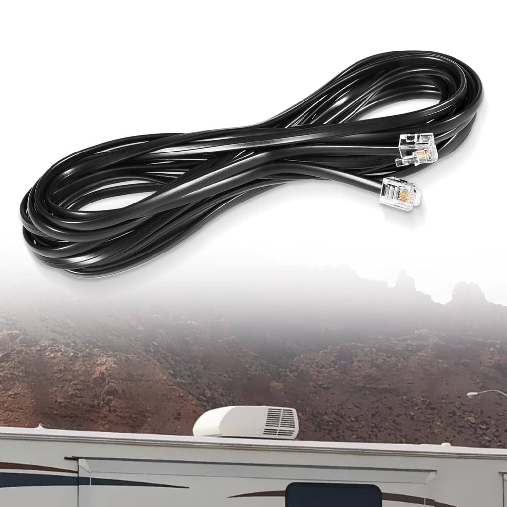 Coiled black RV air conditioner communication cable with two RJ11 connectors