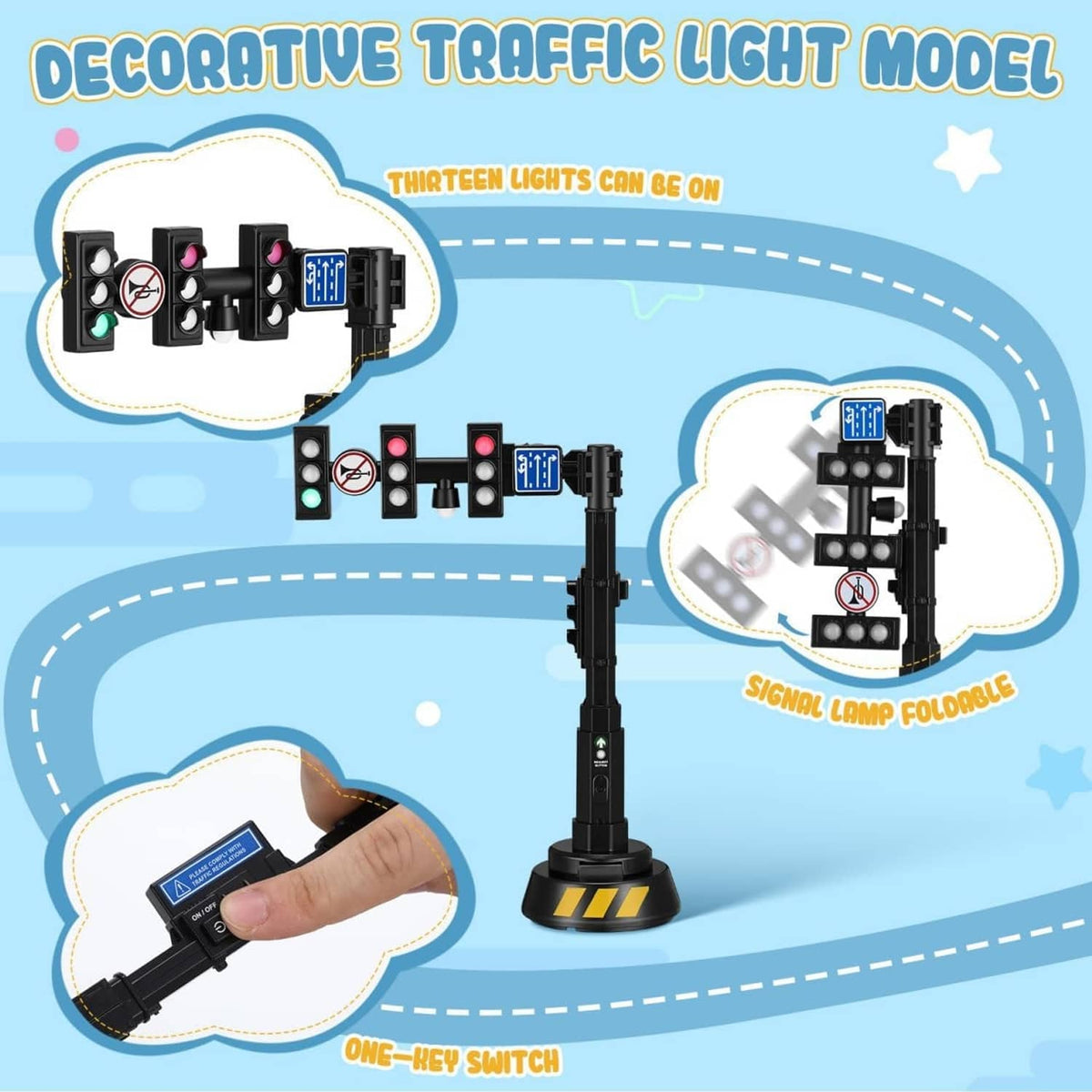 Black traffic light model with signal array and built-in switch; decorative diagram view