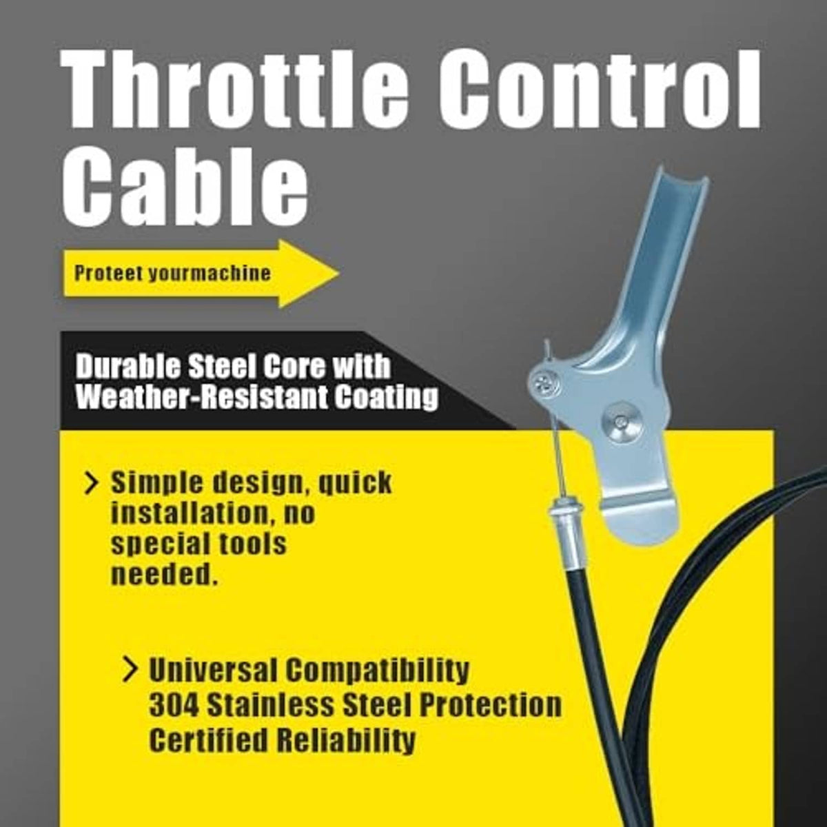 Throttle control cable with blue steel lever bracket and black cable sheath