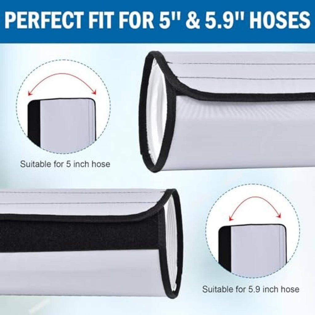 Thick AC hose insulation sleeve end with black edge binding and elastic strap loop