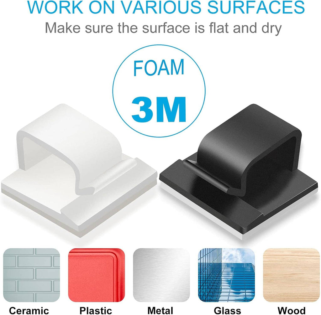 Black and white adhesive cable clips designed to mount on flat dry surfaces