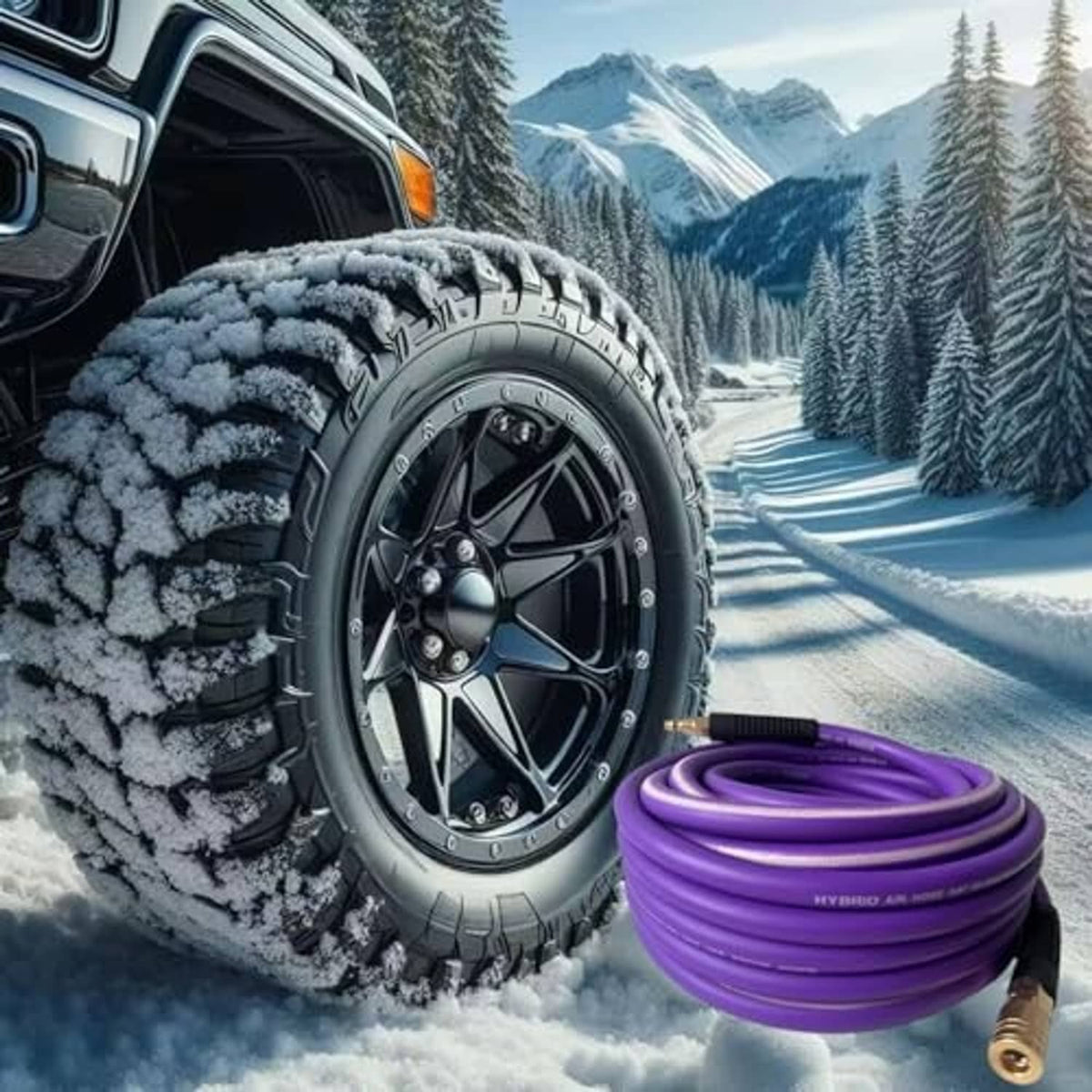 Purple air hose coil with brass end and black grip sleeve, shown outdoors in snow