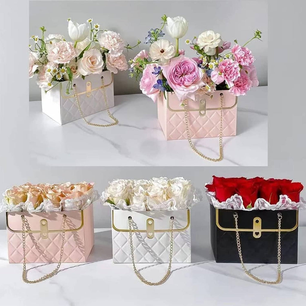 Four quilted paper bouquet bags with gold chain handles and front clasp in light and dark tones
