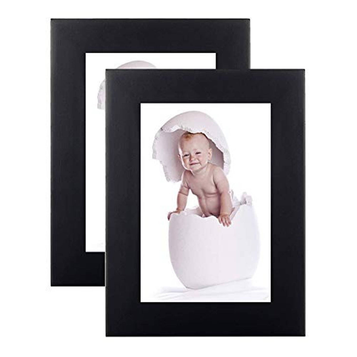 Set of 2 black picture frames overlapping, each showing a portrait photo