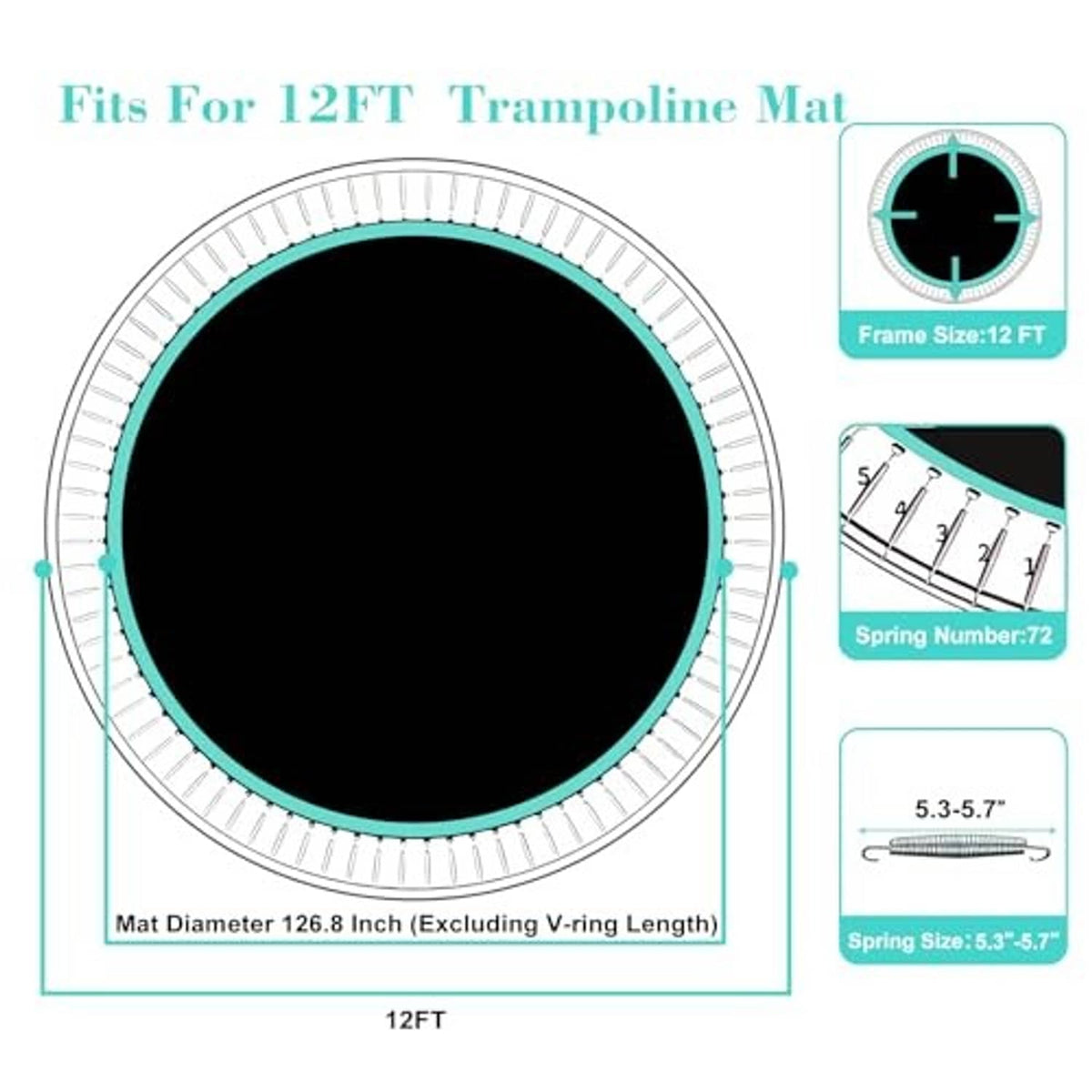 12 ft trampoline replacement mat shown with spring hooks and teal border