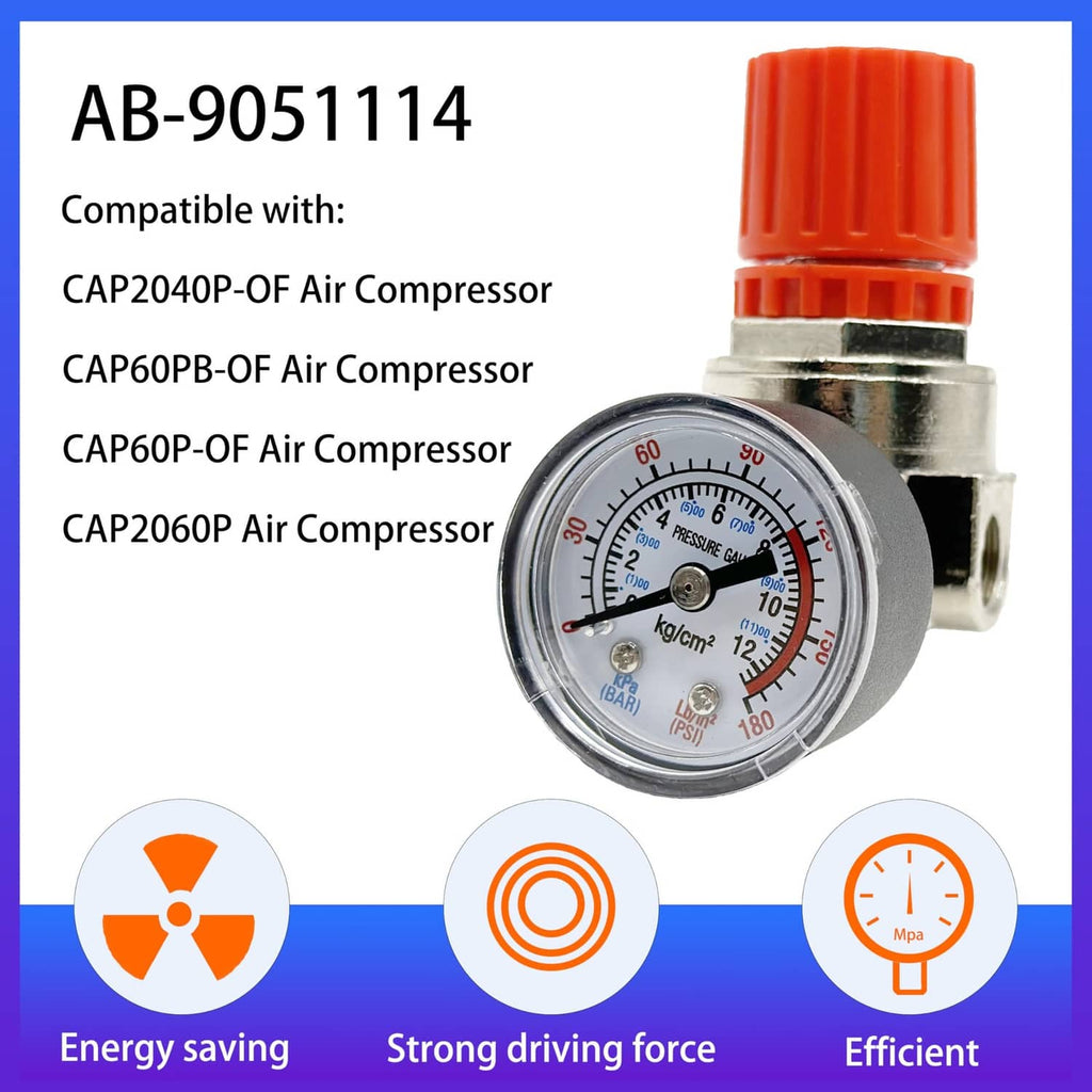 Air compressor pressure regulator with dial gauge and red cap compatibility card