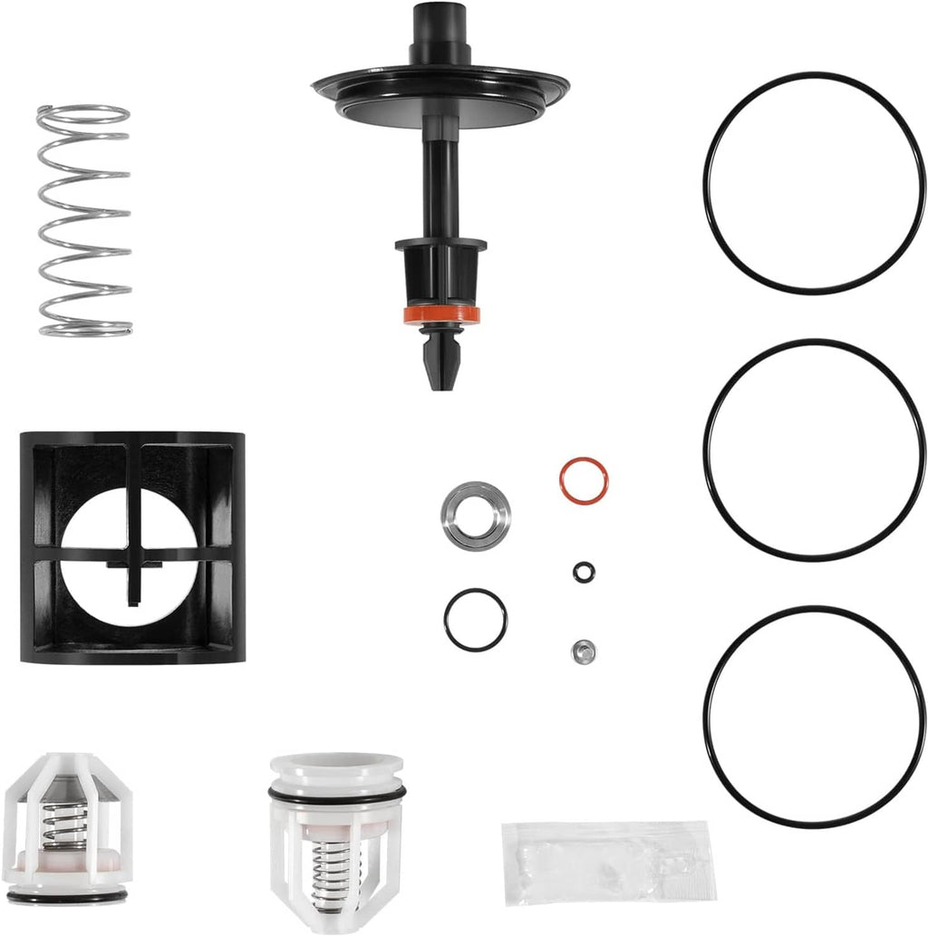 Backflow preventer repair kit components with black stem, spring, multiple O-rings, and white caps