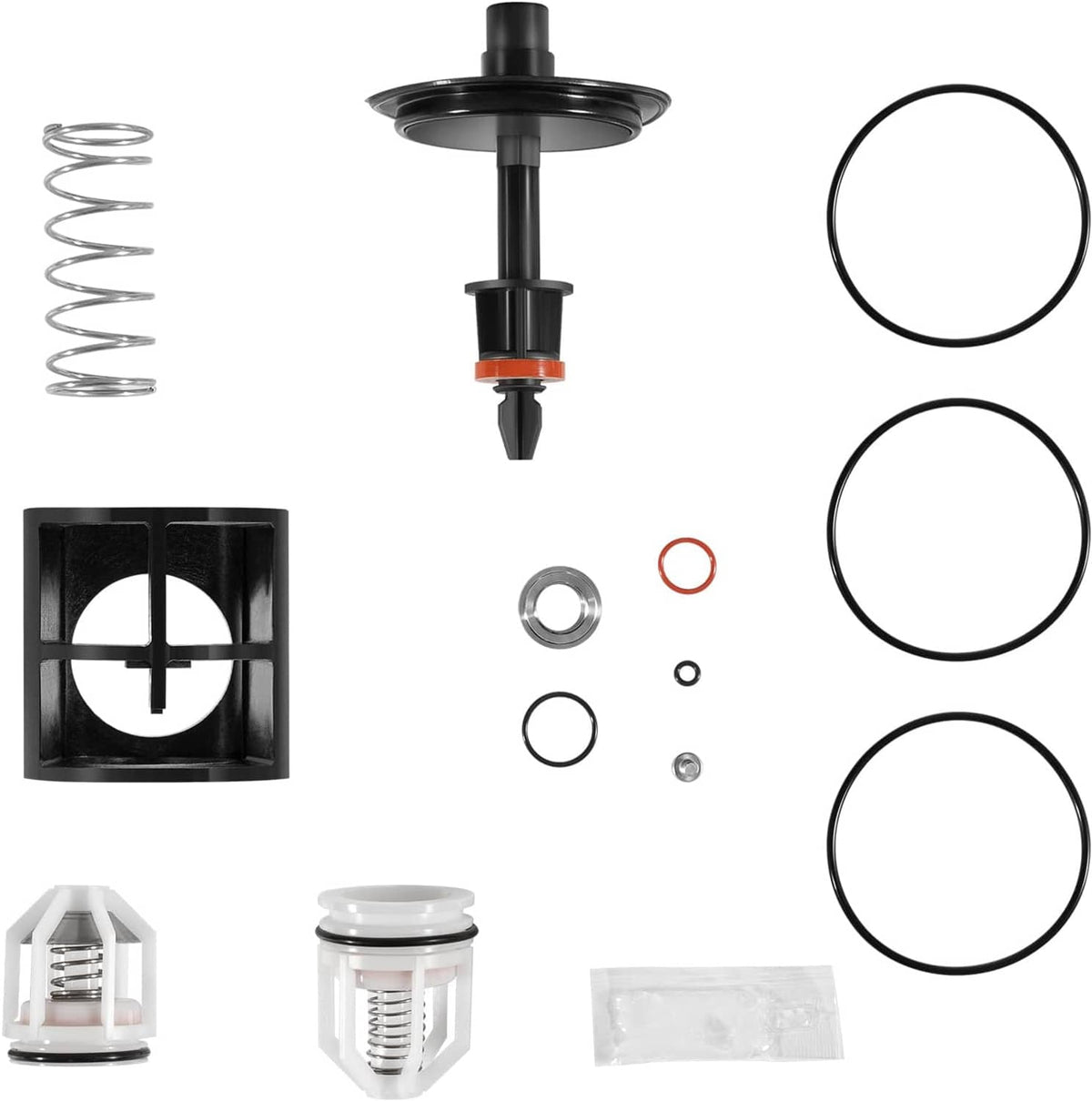 Backflow preventer repair kit components with black stem, spring, multiple O-rings, and white caps