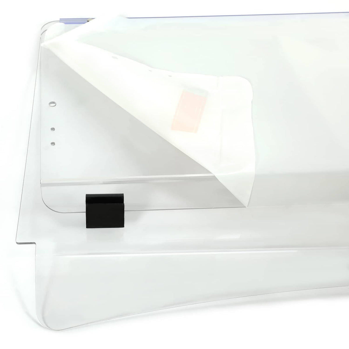 Clear windshield panel with black bracket mounting base