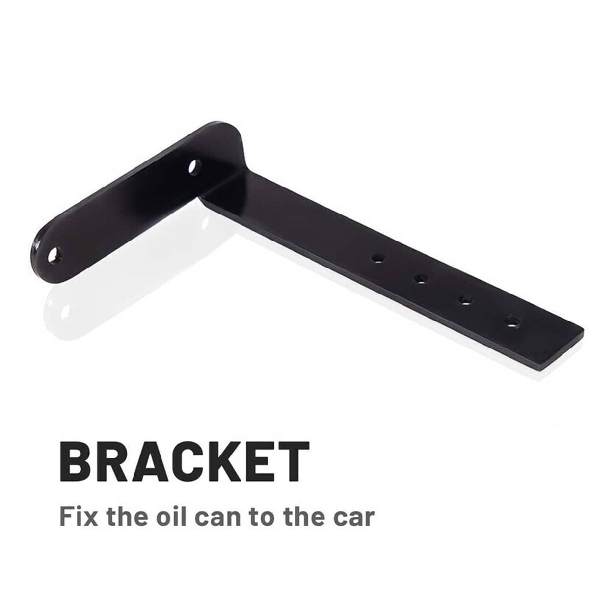 Black metal mounting bracket with multiple holes for securing the oil can