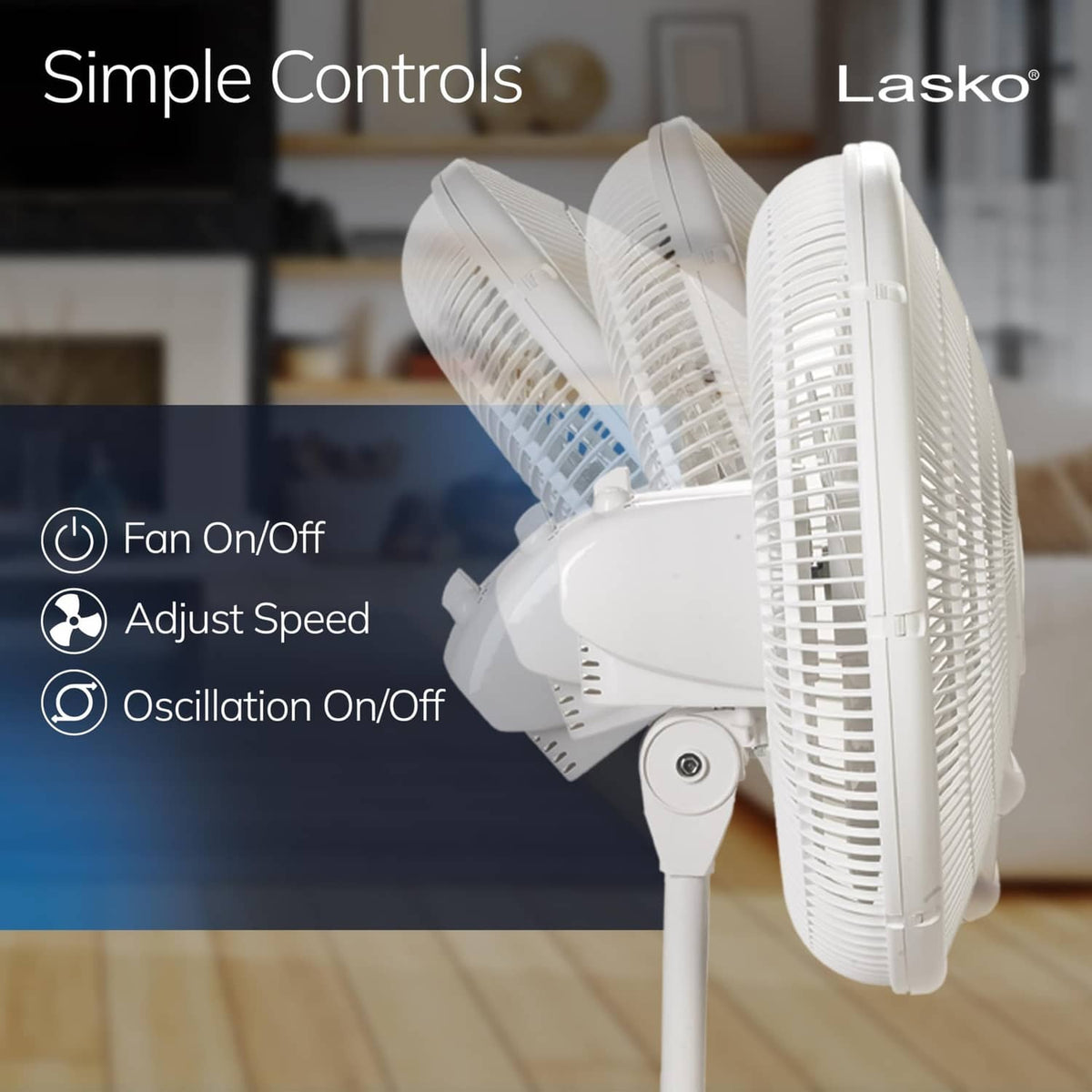 White Lasko stand fan with tilt-adjustable head and control knob.