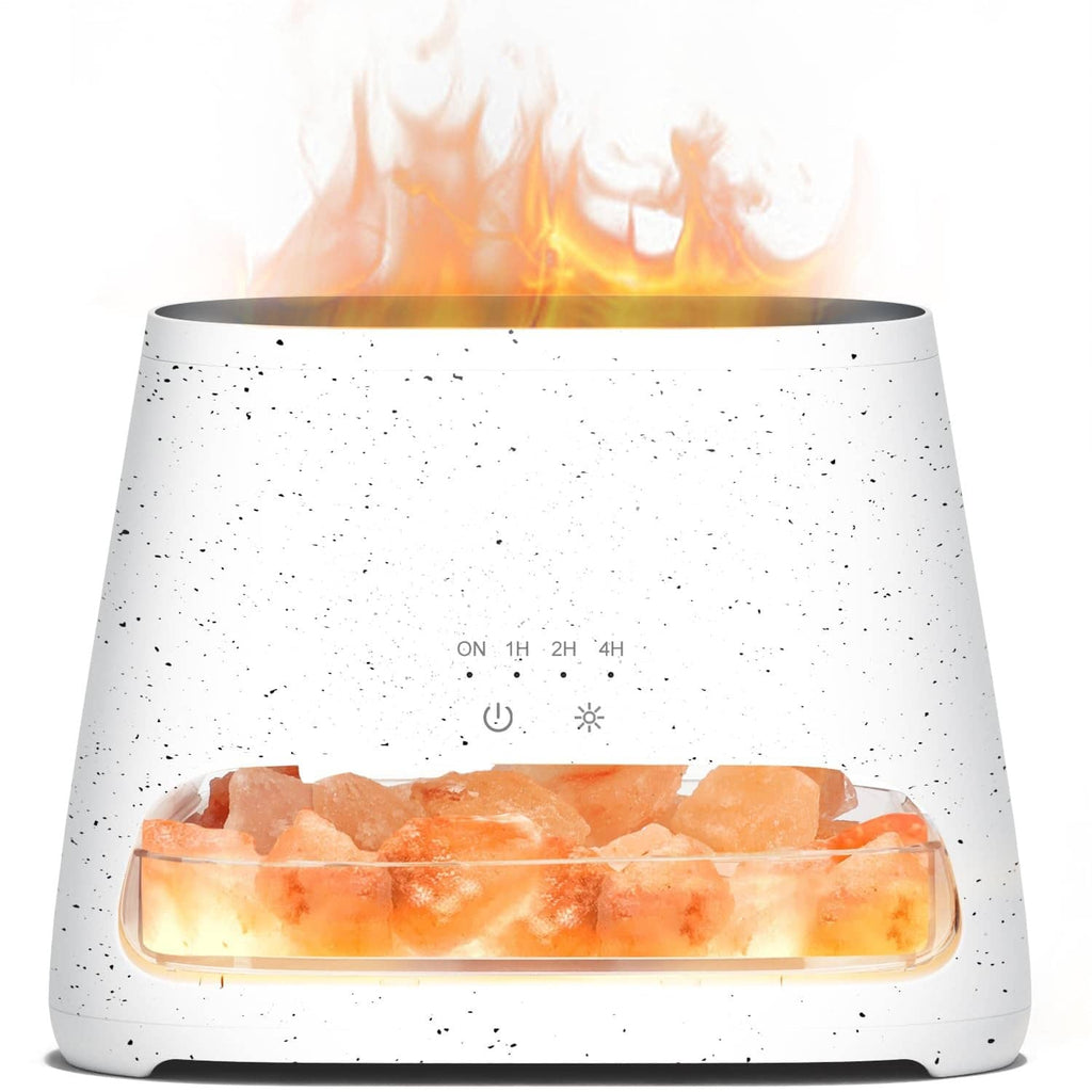 Off-white speckled salt lamp diffuser with glowing pink salt-rock window and control lights