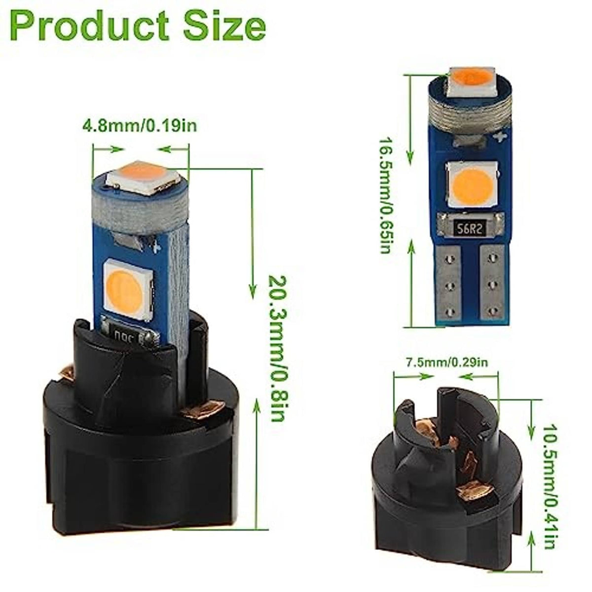 T5 LED bulb with blue module and orange LED chip, with size measurement labels