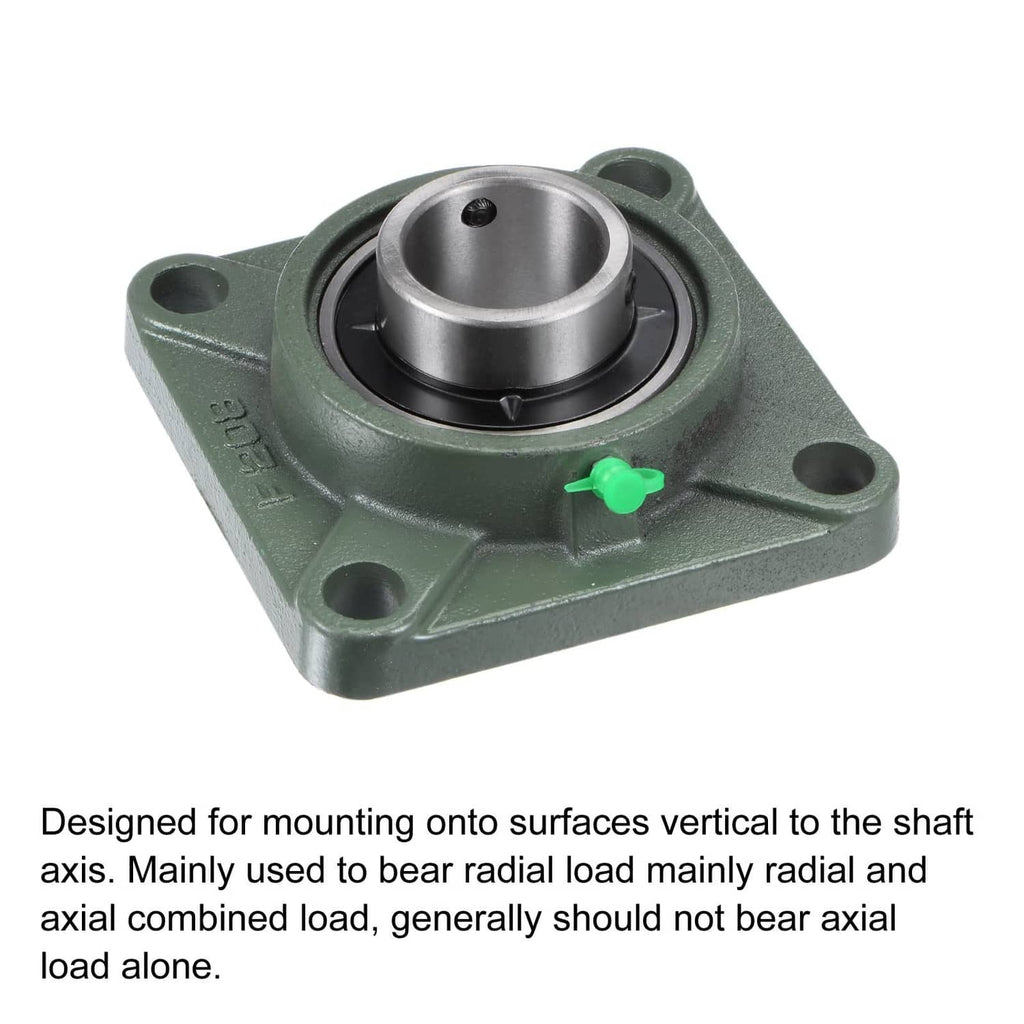 Green flange block bearing unit with central hub and four bolt holes for shaft support.