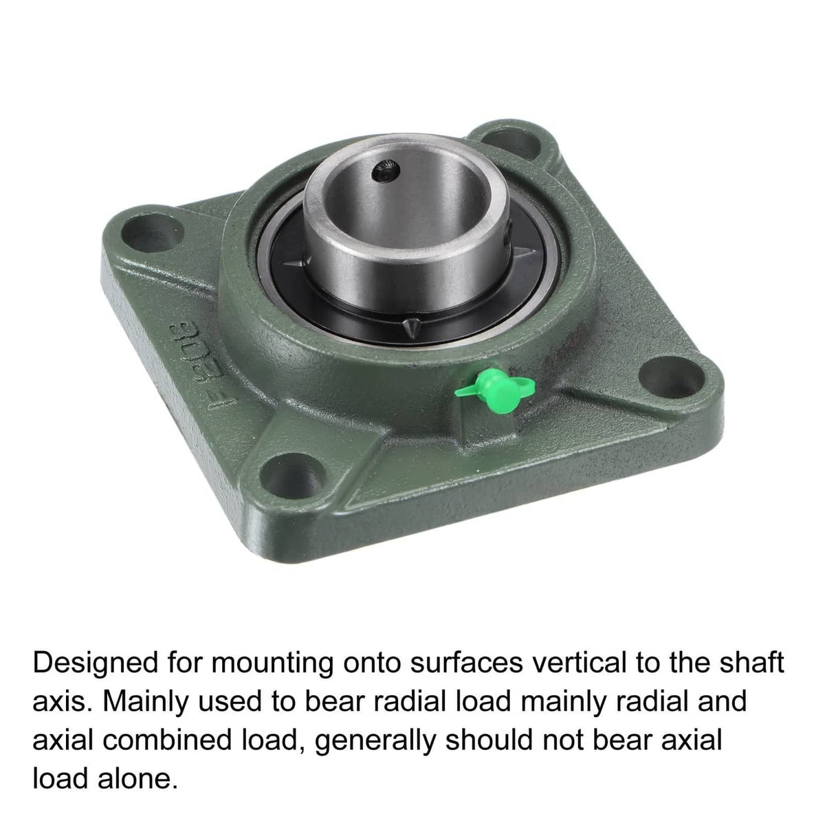 Green flange block bearing unit with central hub and four bolt holes for shaft support.