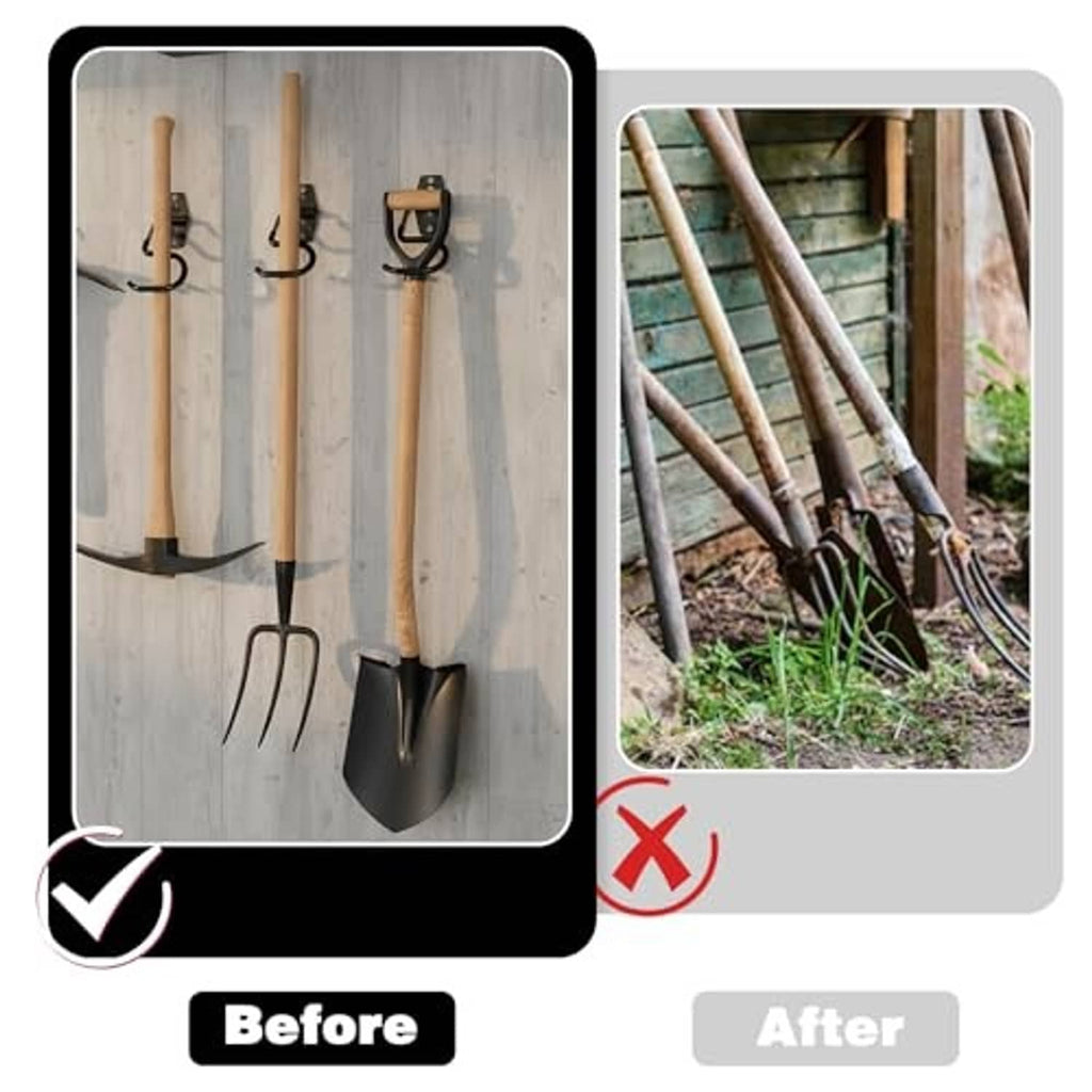 Wall storage setup using broom holders to organize tools, shown before and after