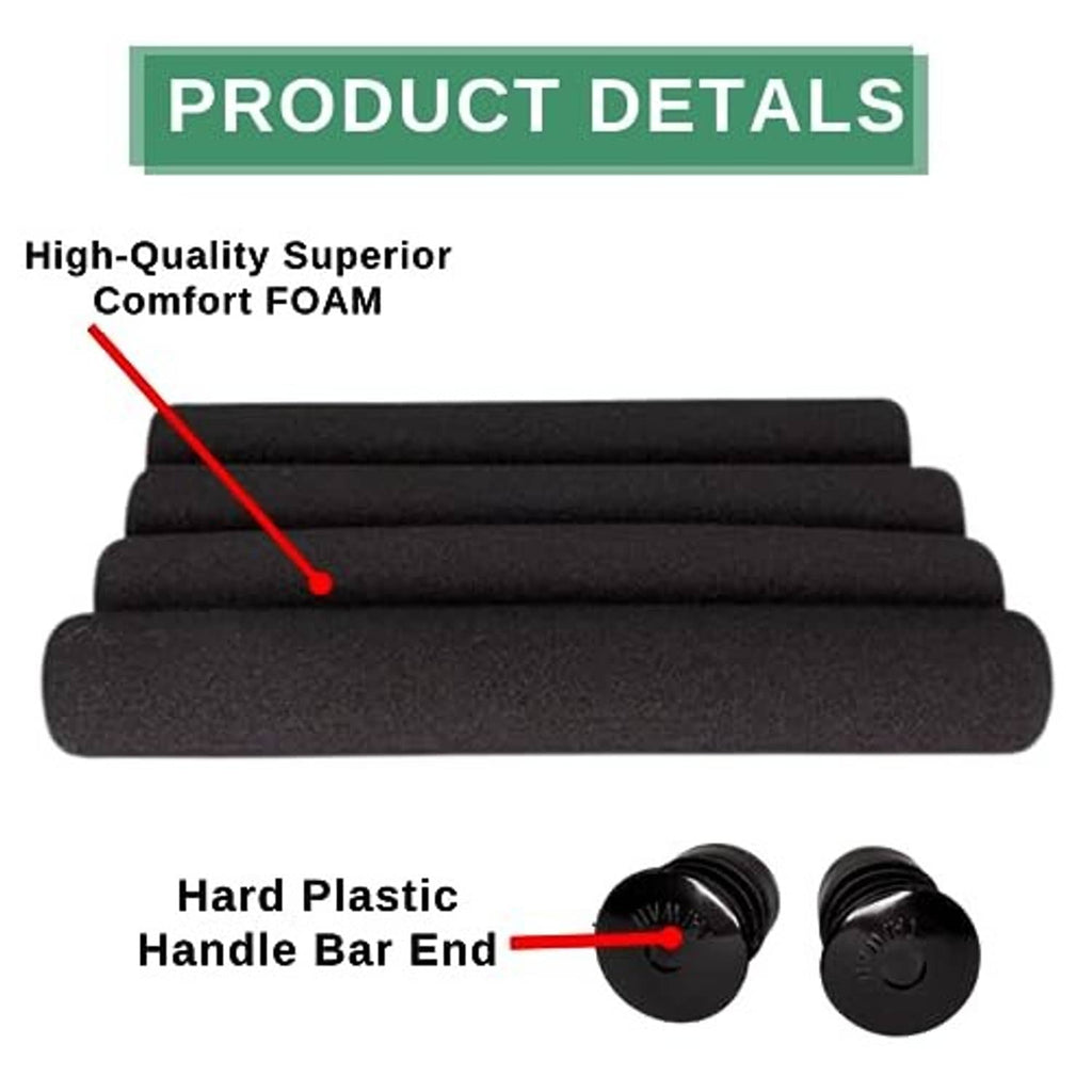 Stacked black foam grips with black plastic handlebar end caps and detail of the bar-end