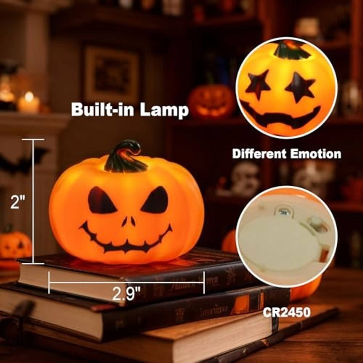 Orange jack-o’-lantern pumpkin tea light with built-in lamp and glowing face