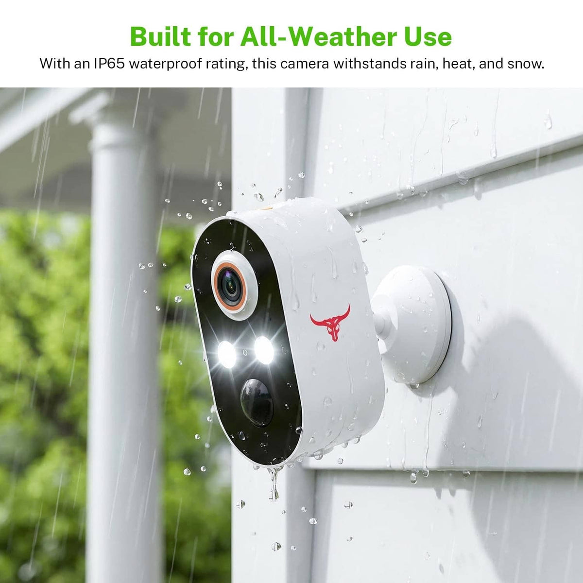 Outdoor wireless security camera in white and black with rain droplets on the housing