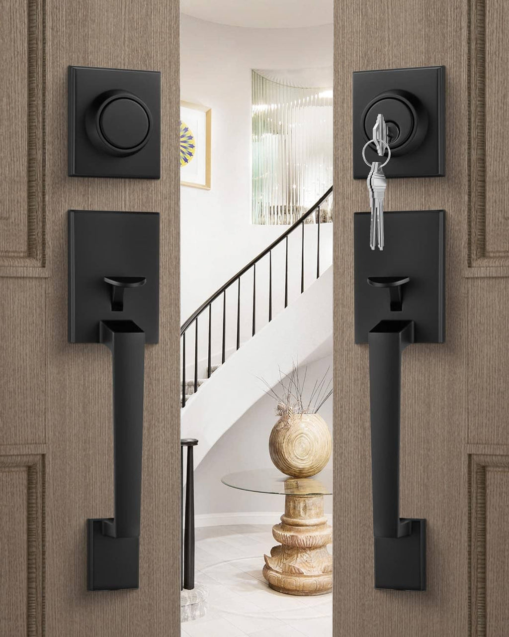 Black double-front door lock set with keys and long lever handles on door
