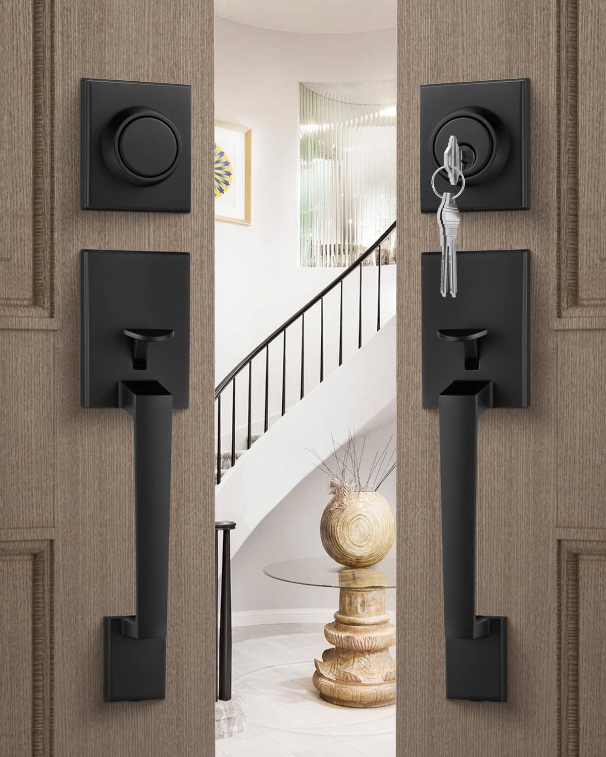 Black double-front door lock set with keys and long lever handles on door