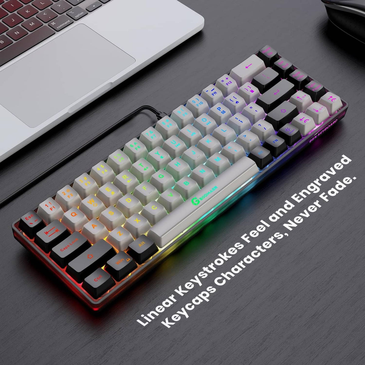 Compact wired RGB keyboard with grey keycaps and black frame, desk view, multicolor lighting