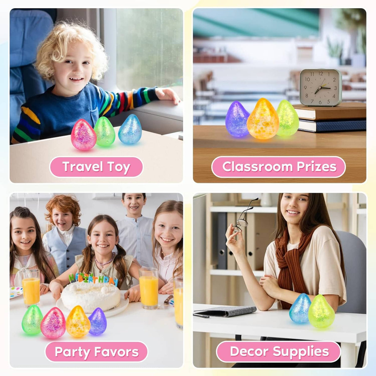Colorful water-droplet squishy stress balls used on desks, travel, and party settings.