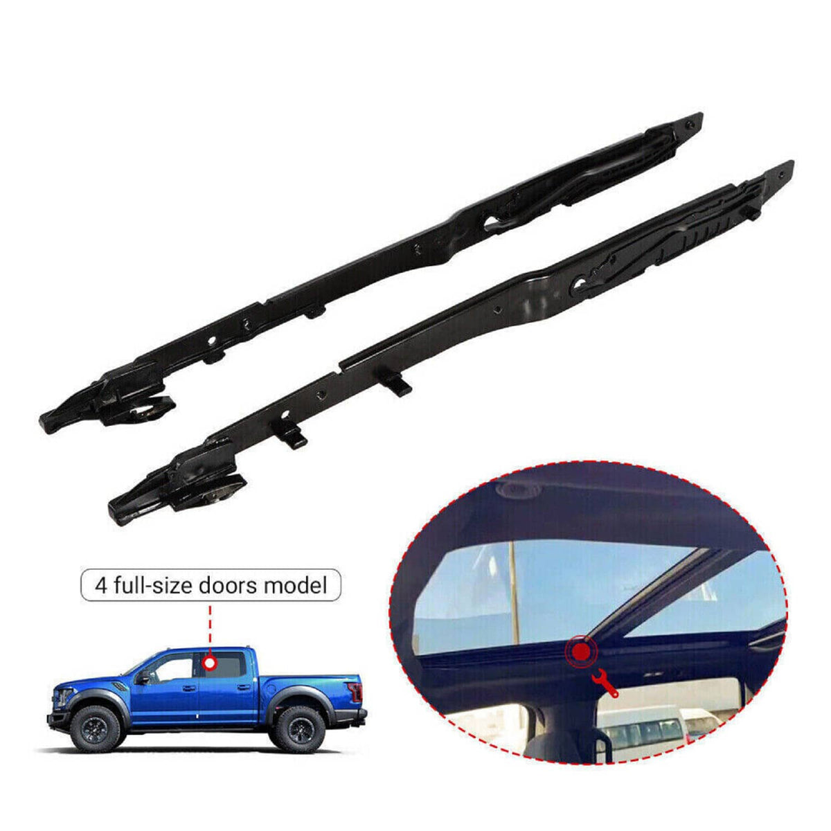 Two black sunroof track guide rails with mounting clips and hinge brackets