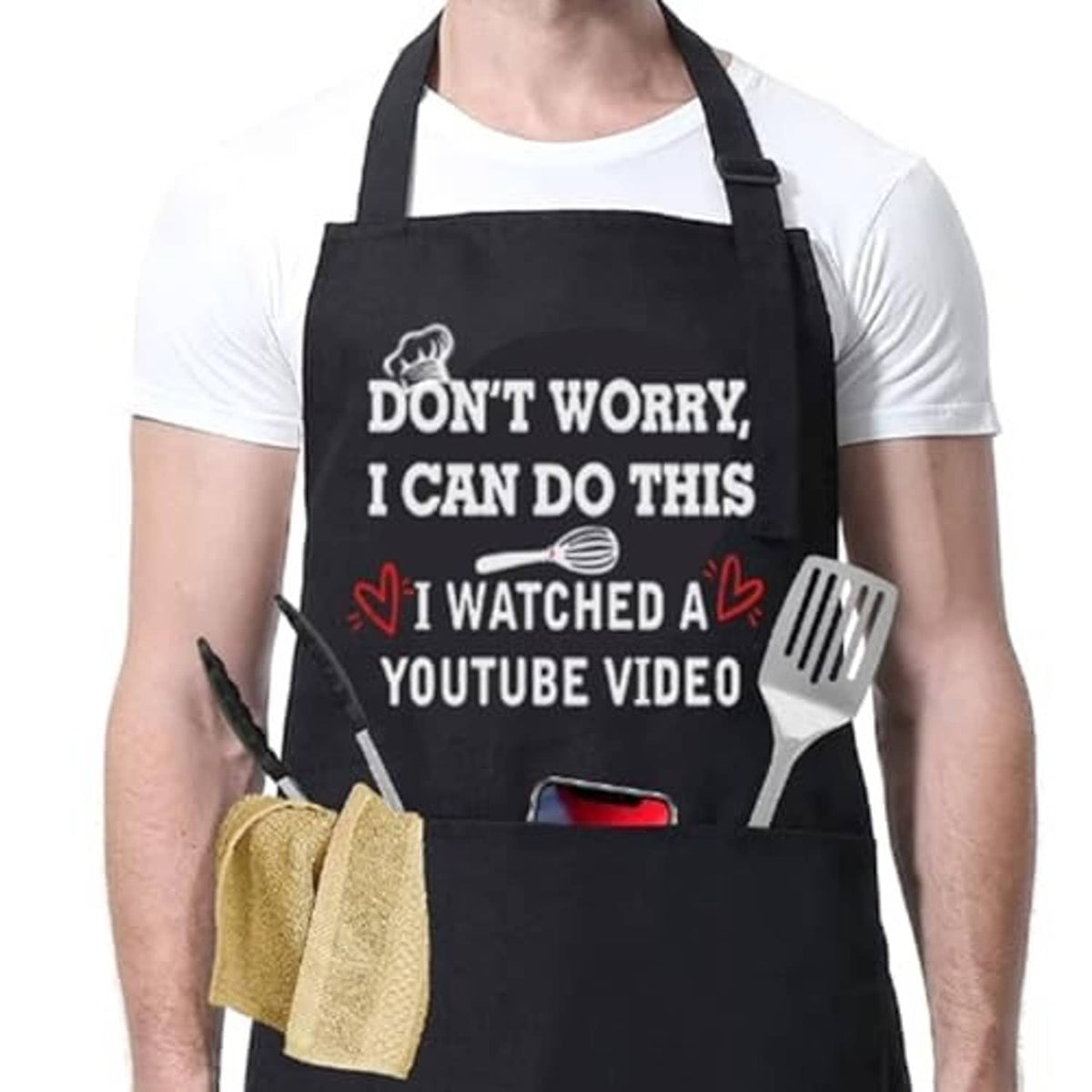 Black cooking apron with slogan "Don’t Worry, I Can Do This" and YouTube video line.