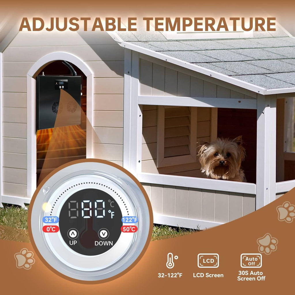 Adjustable dog house heater control with LCD screen and open front housing