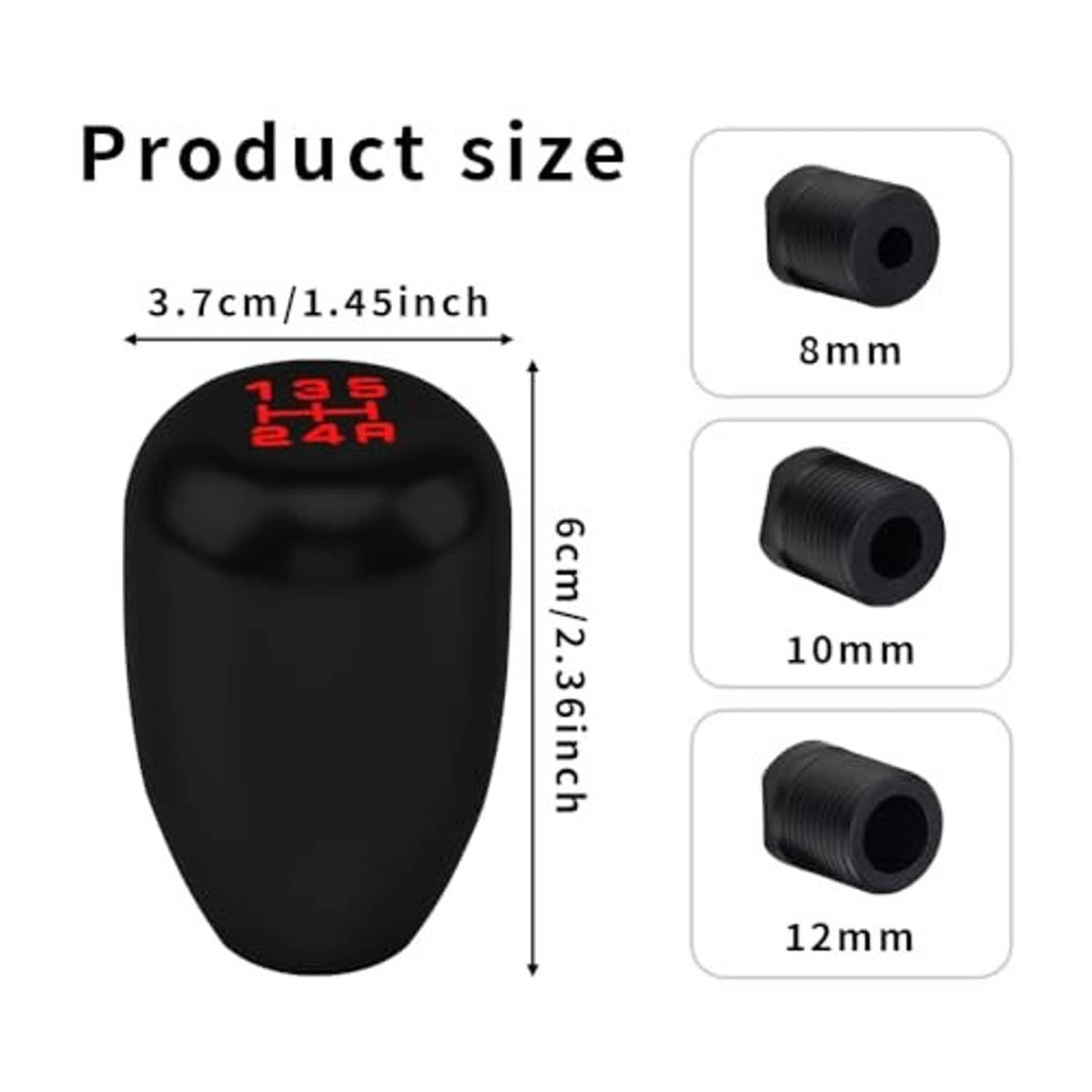 Black manual 5-speed gear shift knob size view with 8/10/12 mm adapter options