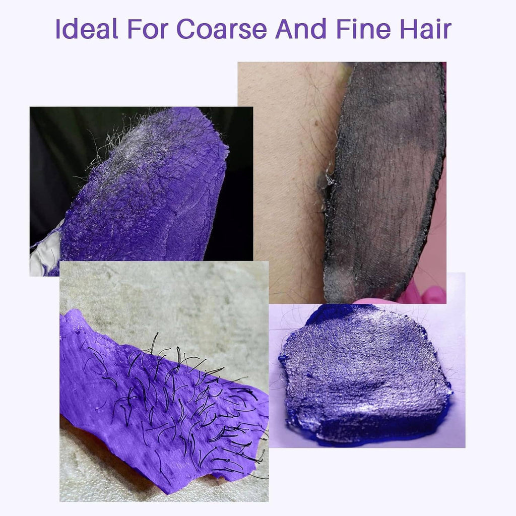 Purple hard wax applied to skin in a close-up before quick removal