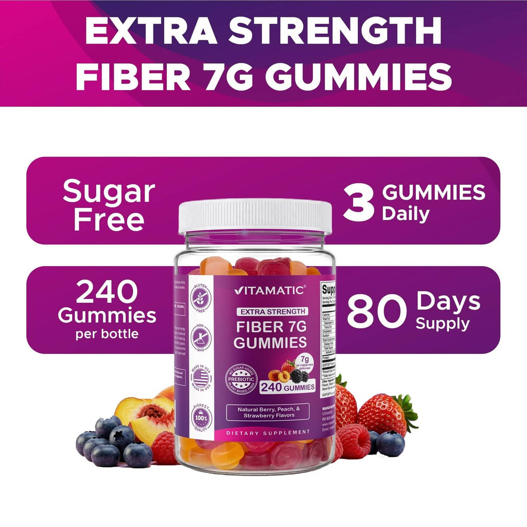 Vitamatic fiber 7g gummy bottle with sugar-free and 3 gummies daily callouts