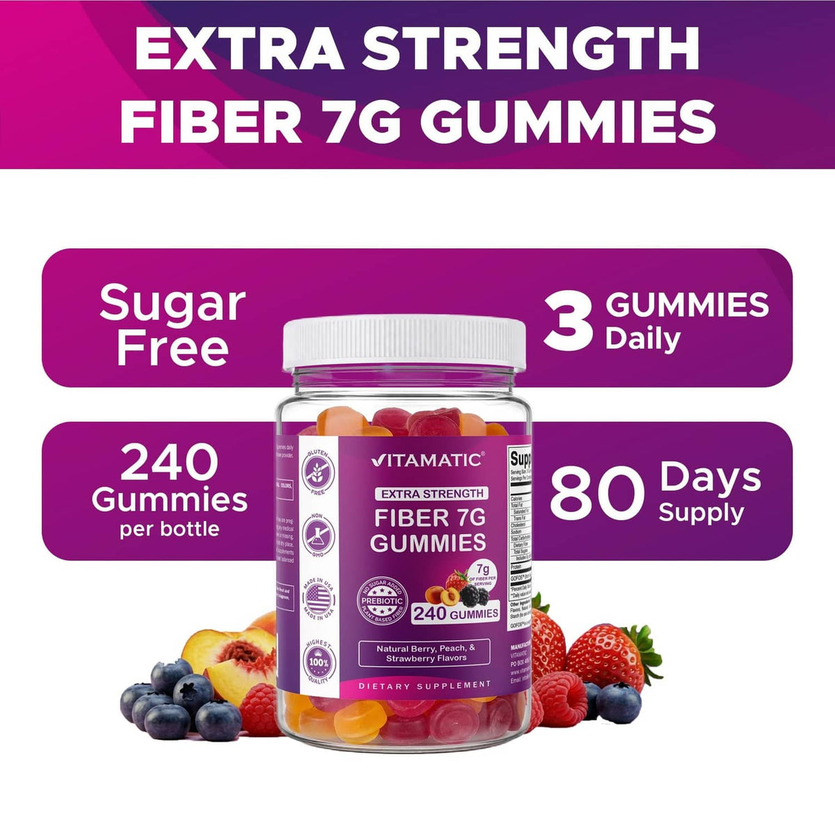 Vitamatic fiber 7g gummy bottle with sugar-free and 3 gummies daily callouts