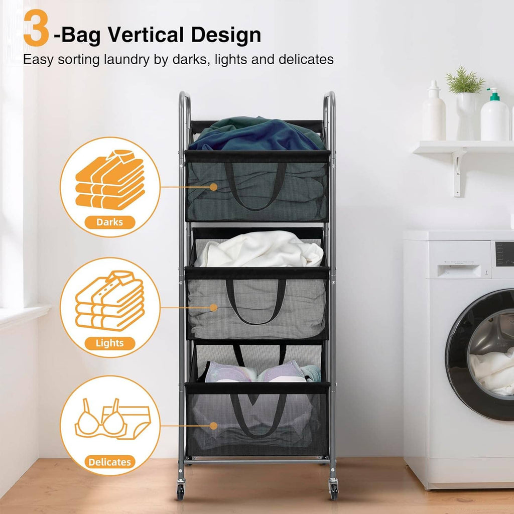 Vertical 3-bag laundry hamper with dark and white mesh bags on rolling frame