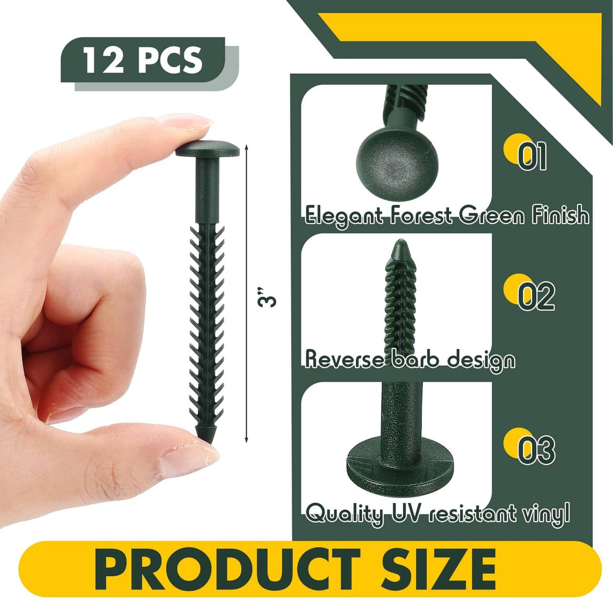Forest green vinyl shutter fastener screw, plastic barbed shank and flat head