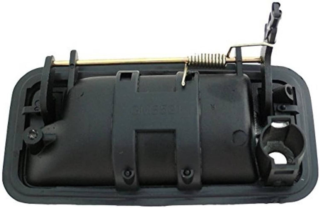 Underside view of black exterior front passenger door handle with latch hardware