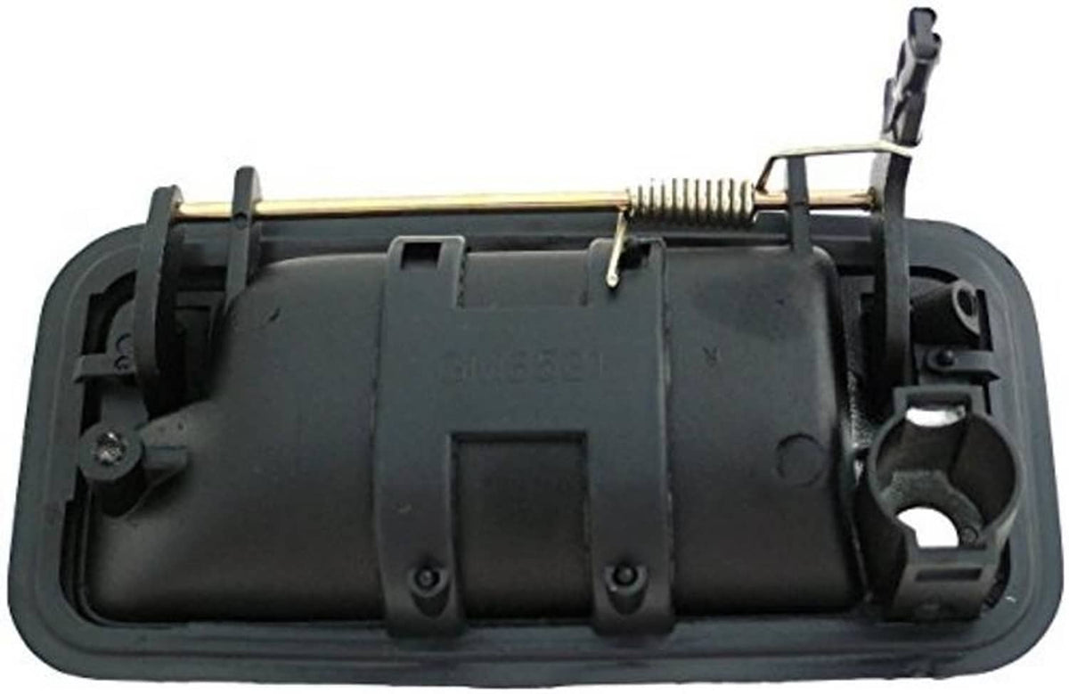 Underside view of black exterior front passenger door handle with latch hardware