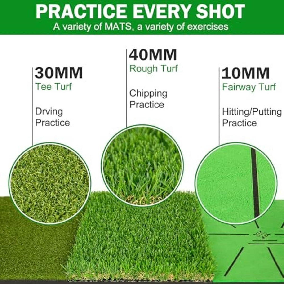 Golf practice mat showing three turf heights: 30mm, 40mm, and 10mm sections