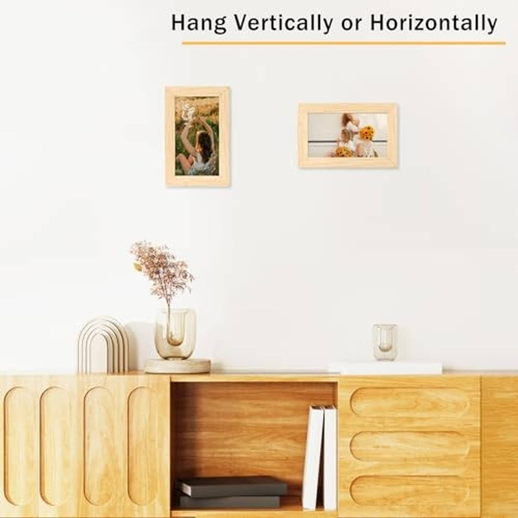 Natural wood picture frame set displayed on wall, hanging vertically or horizontally