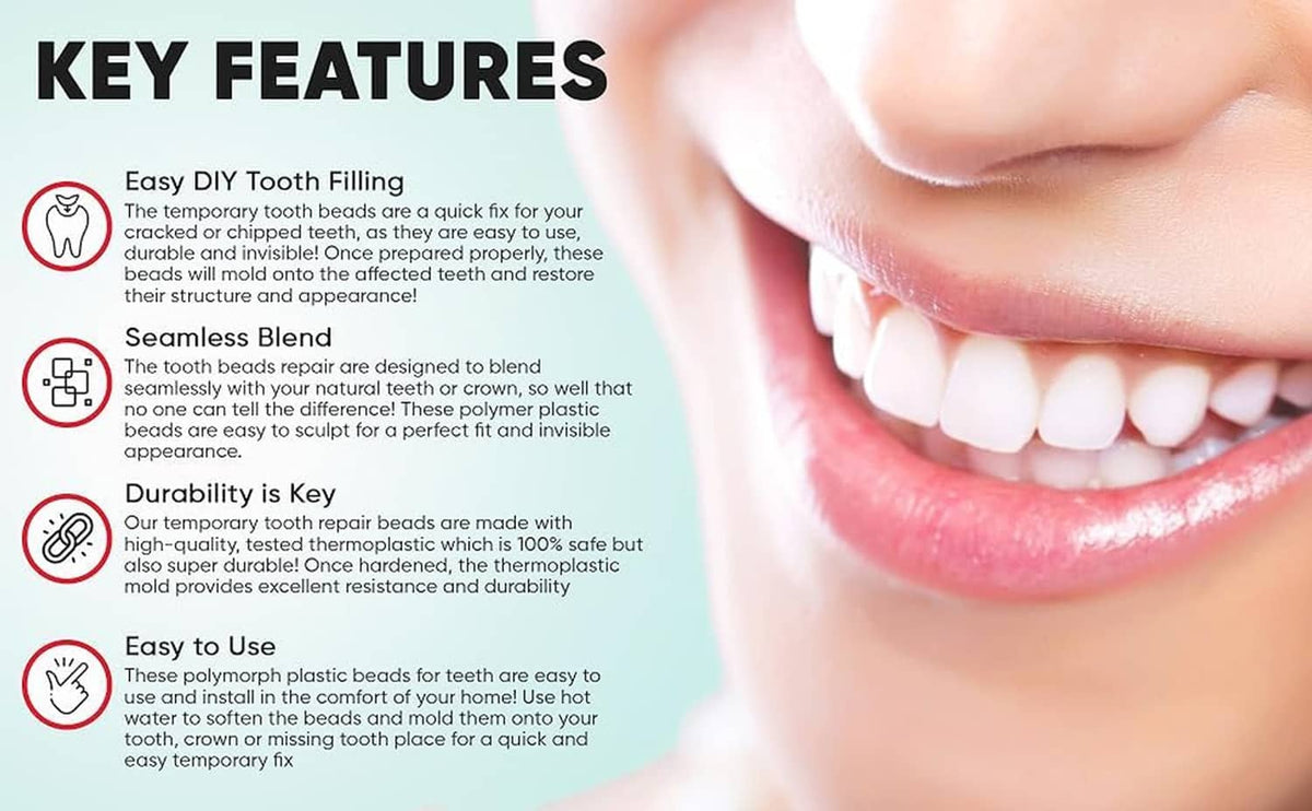 Temporary tooth repair product key features callouts beside a smiling tooth close-up