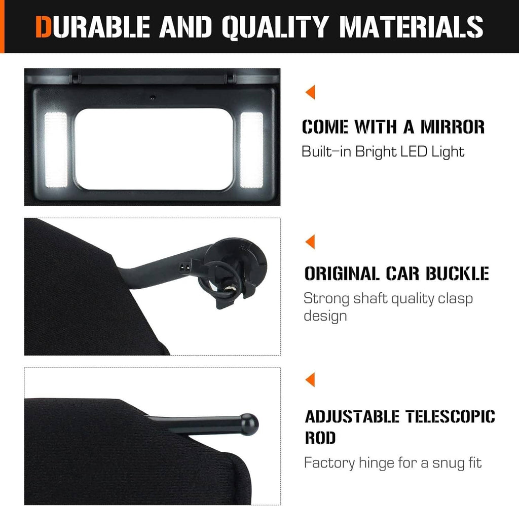Black sun visor shades with bright LED bulbs, buckles, and telescopic mounting rods