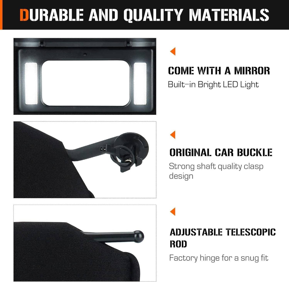 Black sun visor shades with bright LED bulbs, buckles, and telescopic mounting rods