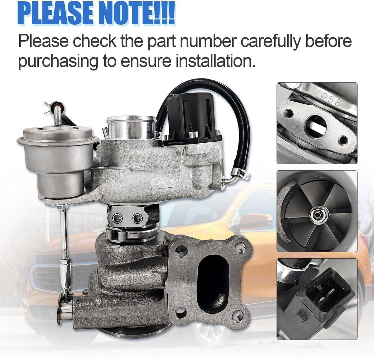 Turbocharger assembly with silver compressor housing and black electrical connector