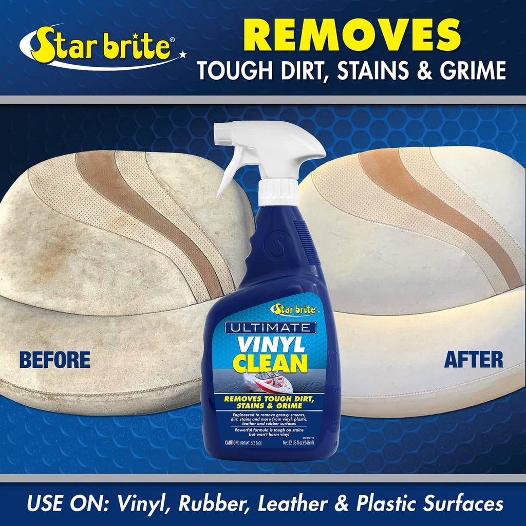 Vinyl cleaner spray bottle with before-and-after on fabric upholstery