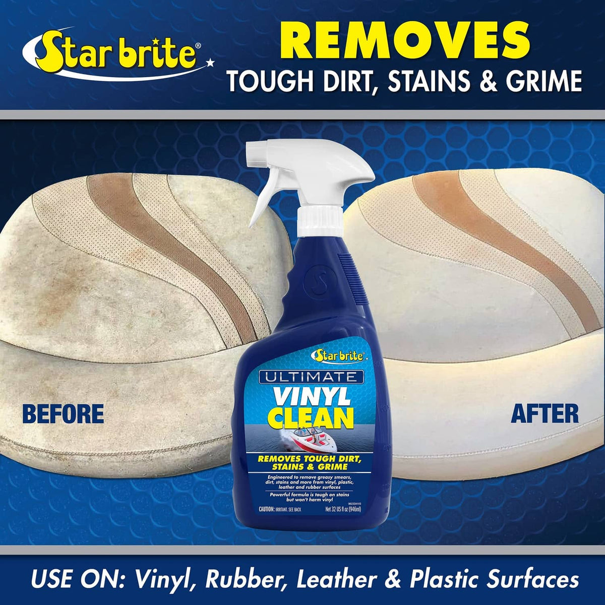 Vinyl cleaner spray bottle with before-and-after on fabric upholstery