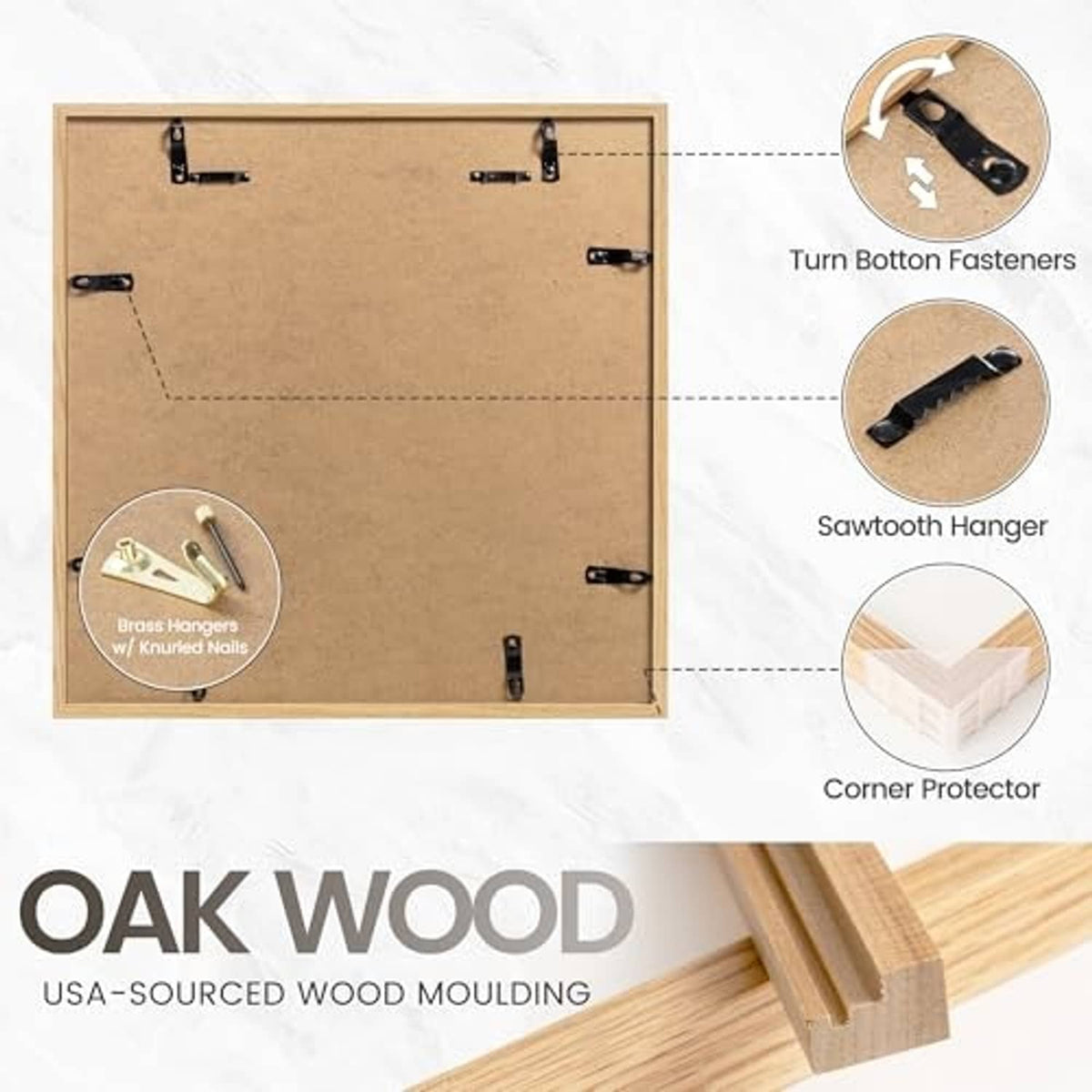 Back view of oak picture frame with sawtooth hanger and corner protectors