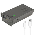 Gray rechargeable solar lithium battery pack with green LED status and power ports